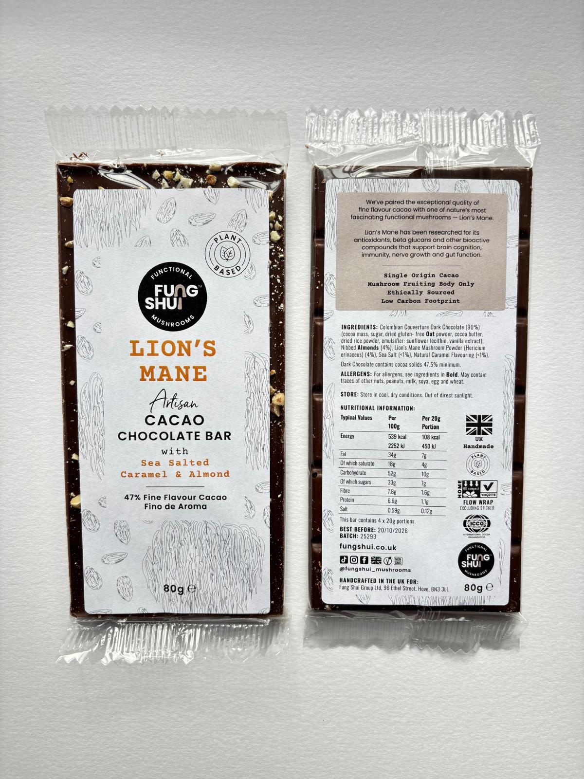 Lion's Mane Artisan Cacao Chocolate Bar with Sea Salted Caramel and Almond