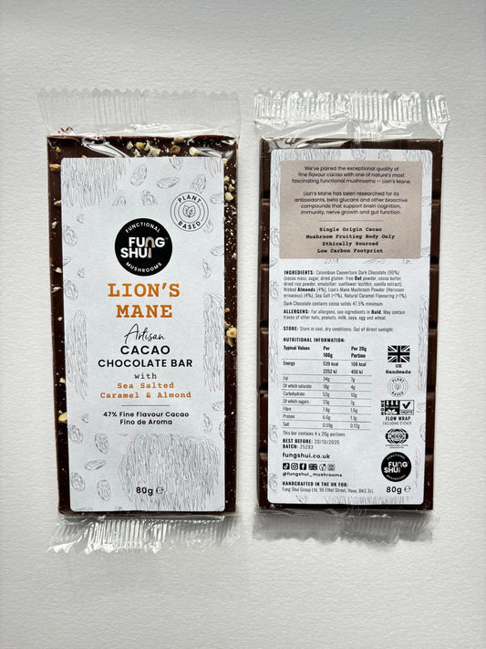 Lion's Mane Artisan Cacao Chocolate Bar with Sea Salted Caramel and Almond