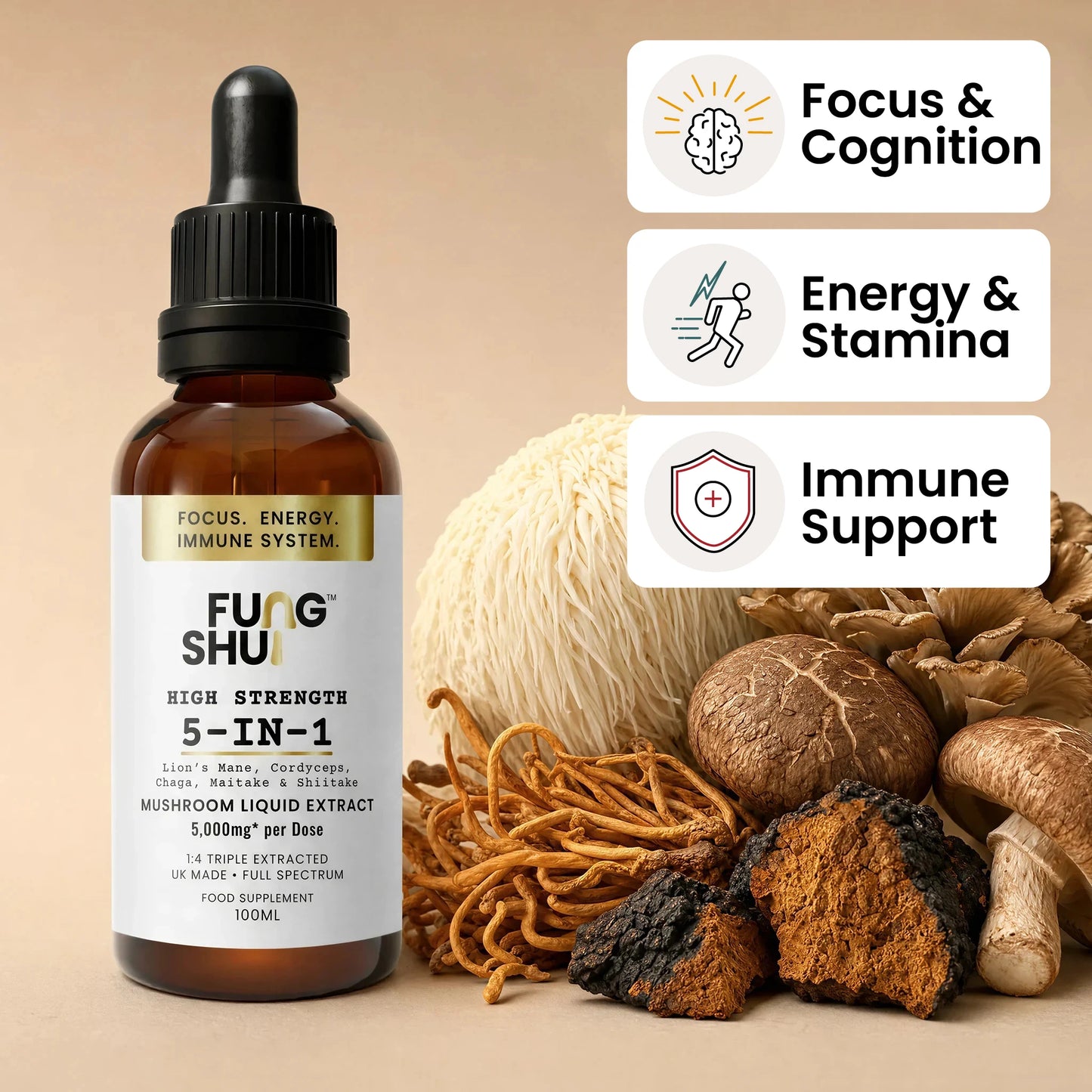 High Strength 5-in-1 Premium Mushroom Tincture Liquid Extract